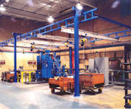 Workstation monorail bridge crane set up in a warehouse for transporting heavy materials.