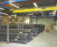 An Under Hung or Under Running bridge crane from AMCHoist set up in a warehouse.
